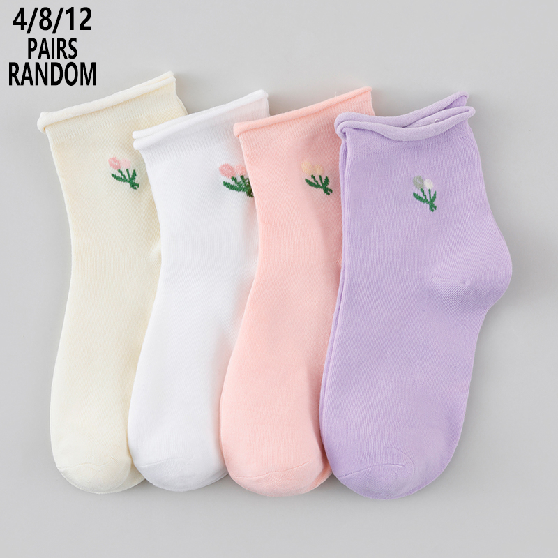 Cotton Crew Sock Pack - 4/8/12 팩 랜덤 여성용 꽃무늬 중간