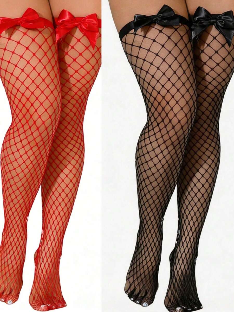 리본 장식 피쉬넷 허벅지 스타킹, 탄력 있는 속이 비치 - Knee High Sock Women 리뷰 및 가격